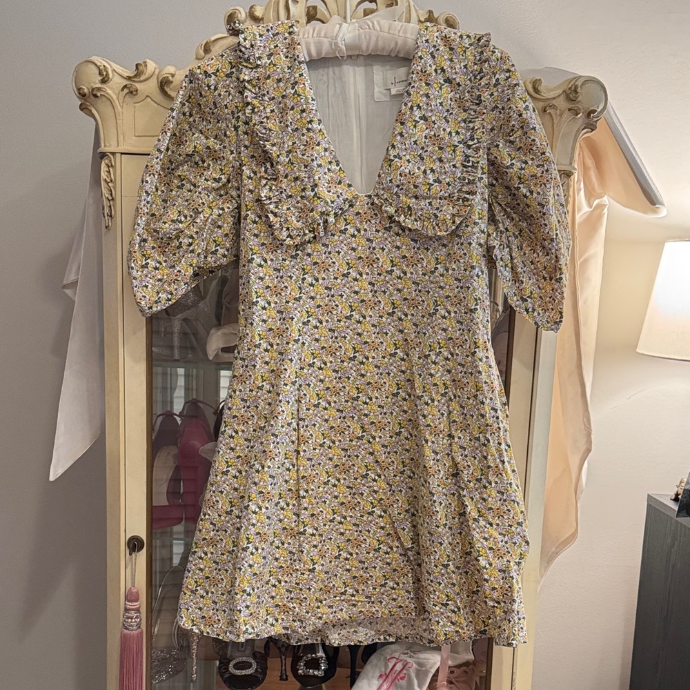 Anthropologie Yellow Floral Mini Dress with Puff Sleeves